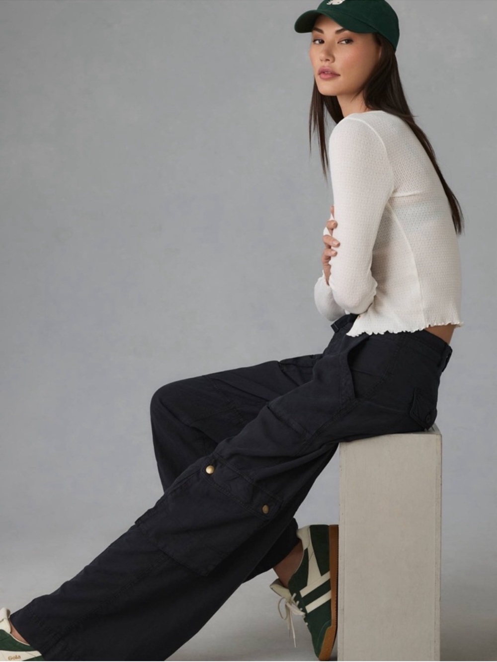 Anthropologie Navy Wide Leg Cargo Pants Pockets Drawstring Waist